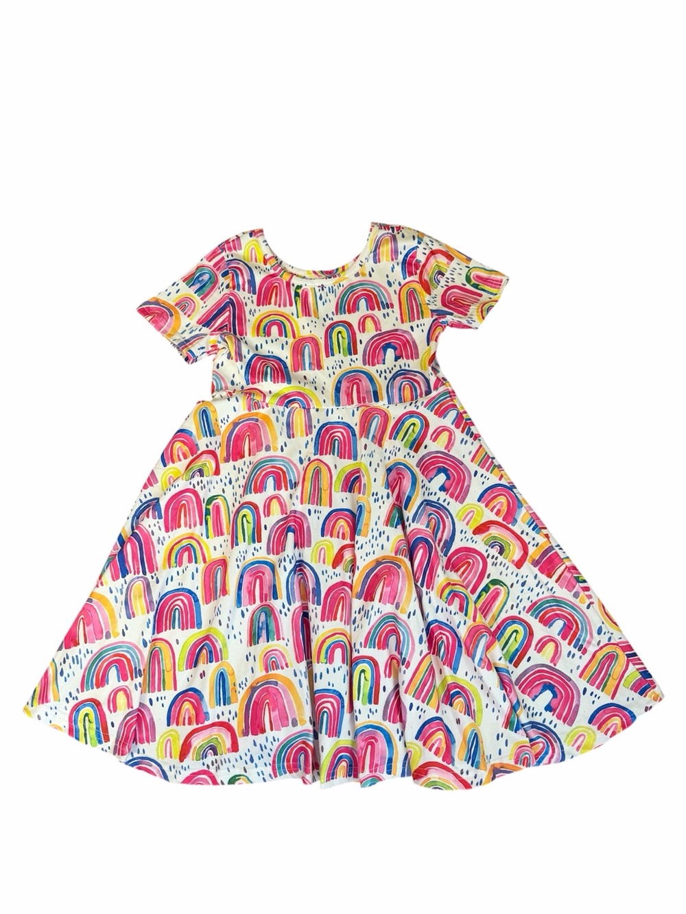 Kids Rainbow Print Twirl Dress - White with Multicolor Rainbows